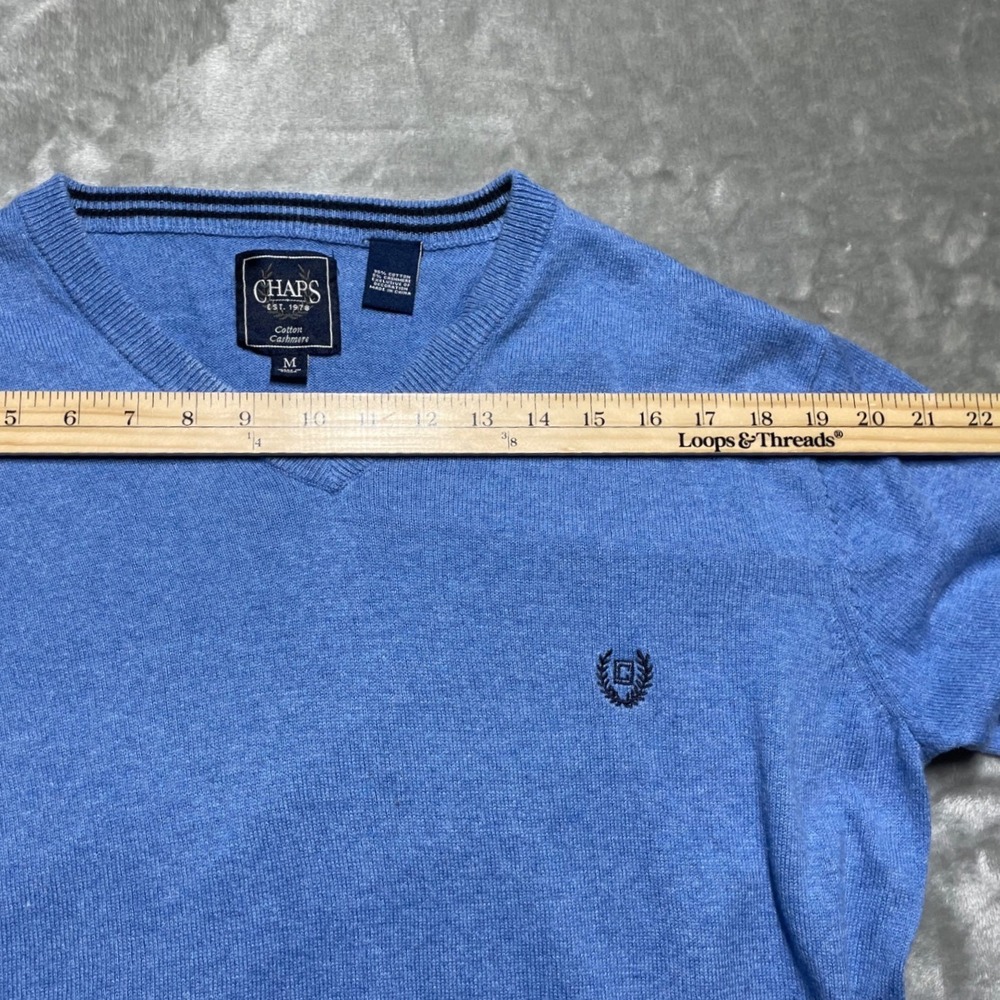 Chaps Mens V-Neck Sweater Light Blue Cotton Cashmere Blend Logo Size M C42661 - Picture 8 of 11